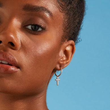 Cross Charm Hoop Earrings - Platinum