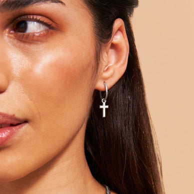 Cross Charm Hoop Earrings - Platinum