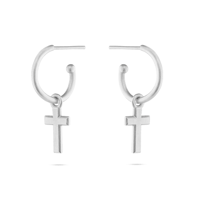 Cross Charm Hoop Earrings - Platinum