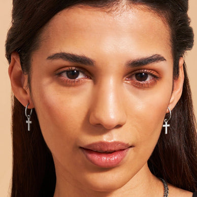 Cross Charm Hoop Earrings - Platinum