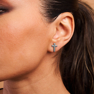 Cross Stud Earrings - Silver