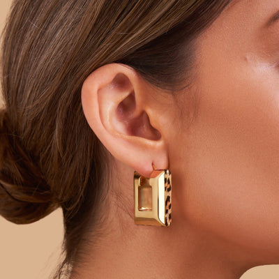 Leopard Trim Square Hoop Earrings
