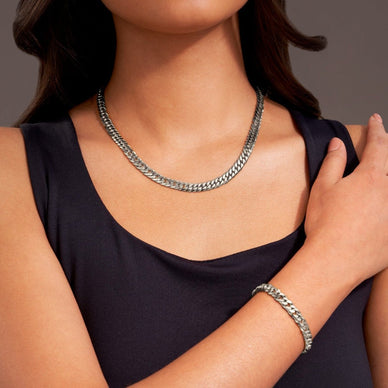 Statement Diamond Cut Double Curb Chain Necklace - Platinum